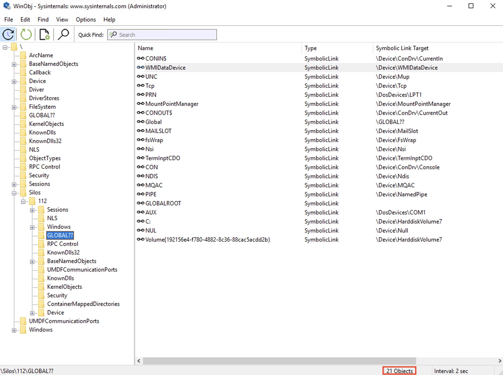 Screenshot of the \Silos\112\GLOBAL??\\ object directory in WinObj, there are 21 objects available to the host.