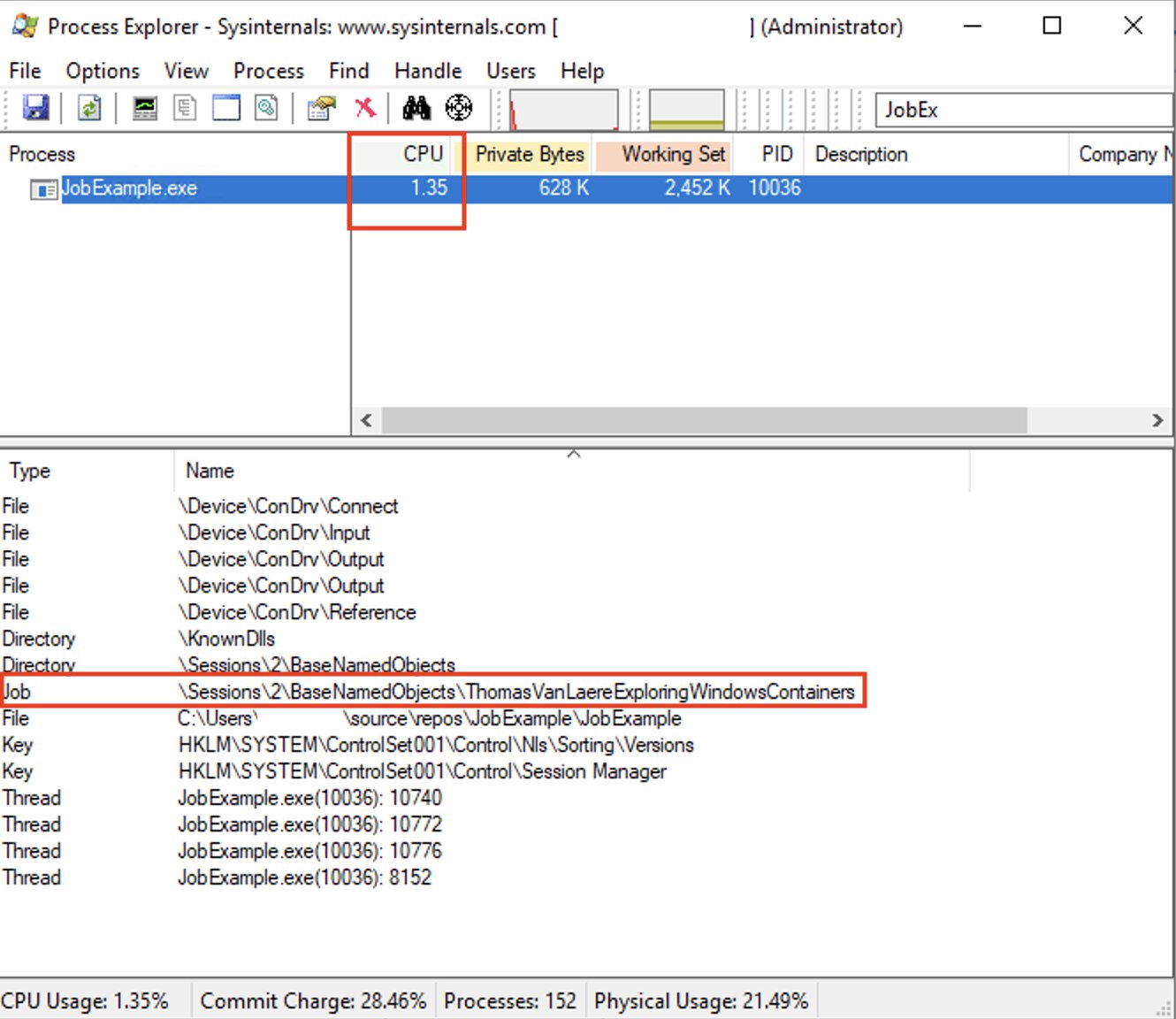 Screenshot of the JobExample.exe details in Process Explorer.
