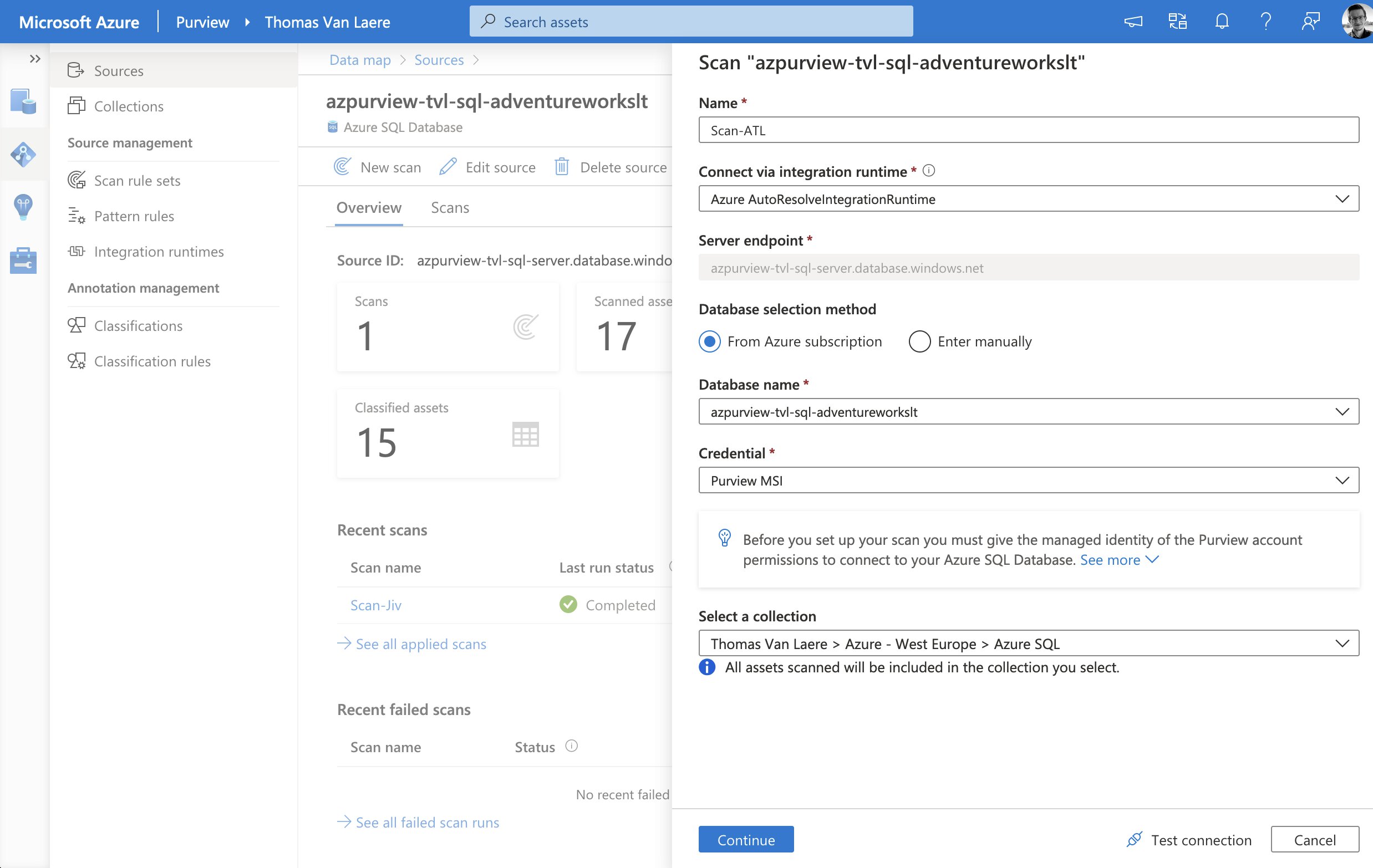 Image of the scan settings for scanning an Azure SQL Database. The user must enter a scan name, select an integration runtime, Azure SQL server endpoint, database name and credentials. The user must also select a collection where all assets scanned will be included in the selected collection.