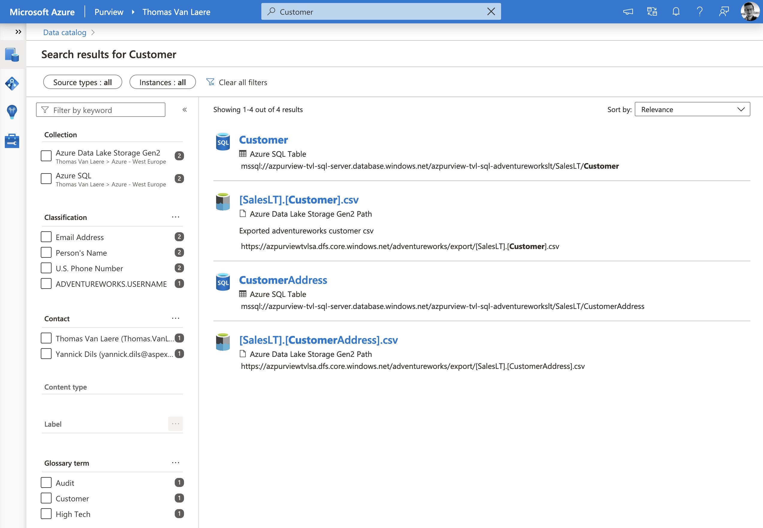 Image of a data catalog search for Customer. Four results were found: two azure sql database tables and two exported CSV files inside of the Azure Data Lake.