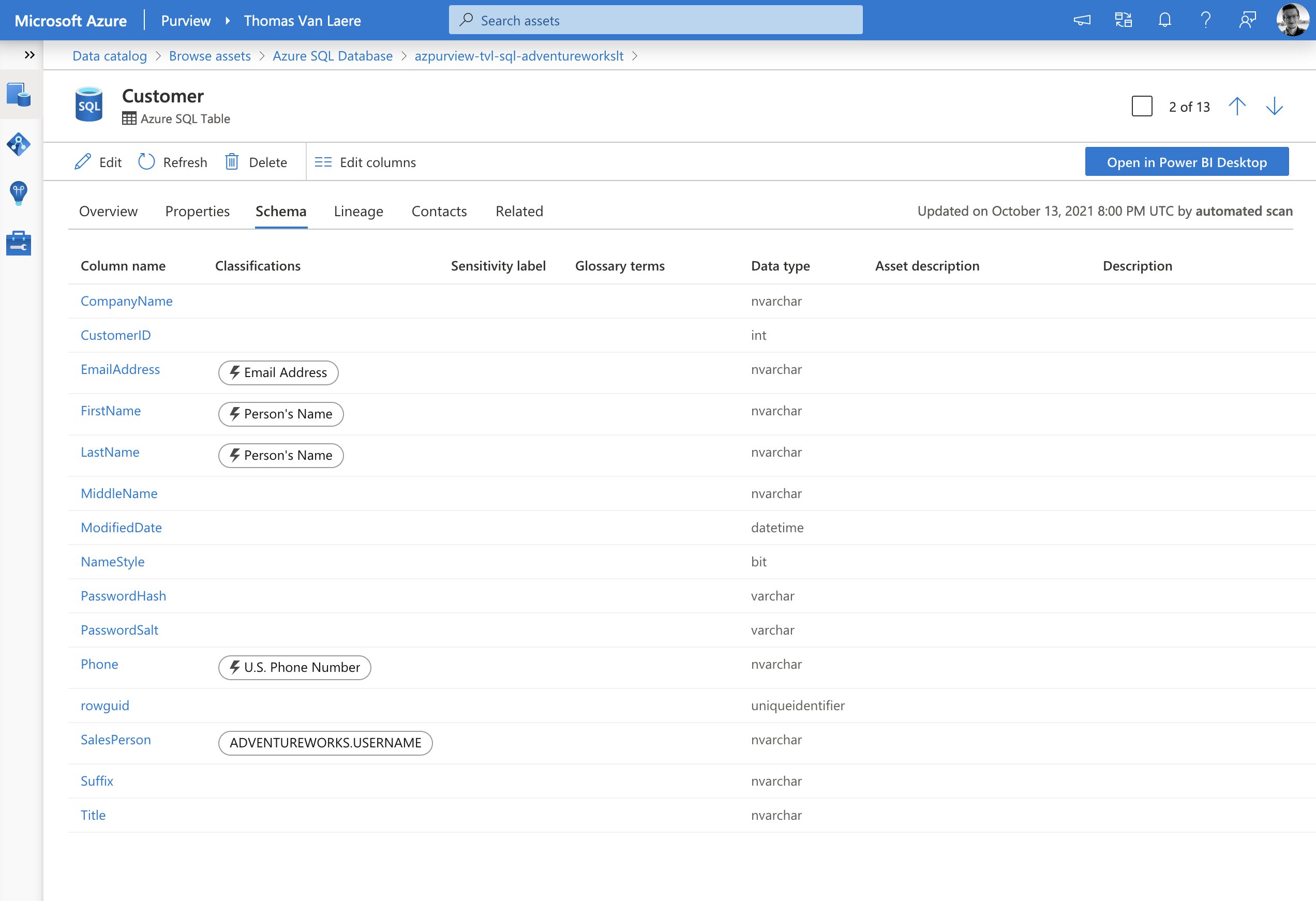 Image of the scan results for an Azure SQL Database table called “Customer”, which is part of the AdventureWorks example database. The schema view has been selected and the scan has detected five classifications: Email address, U.S. Phone number, the custom “Adventure Works Username Rule” and person’s name was detected twice.