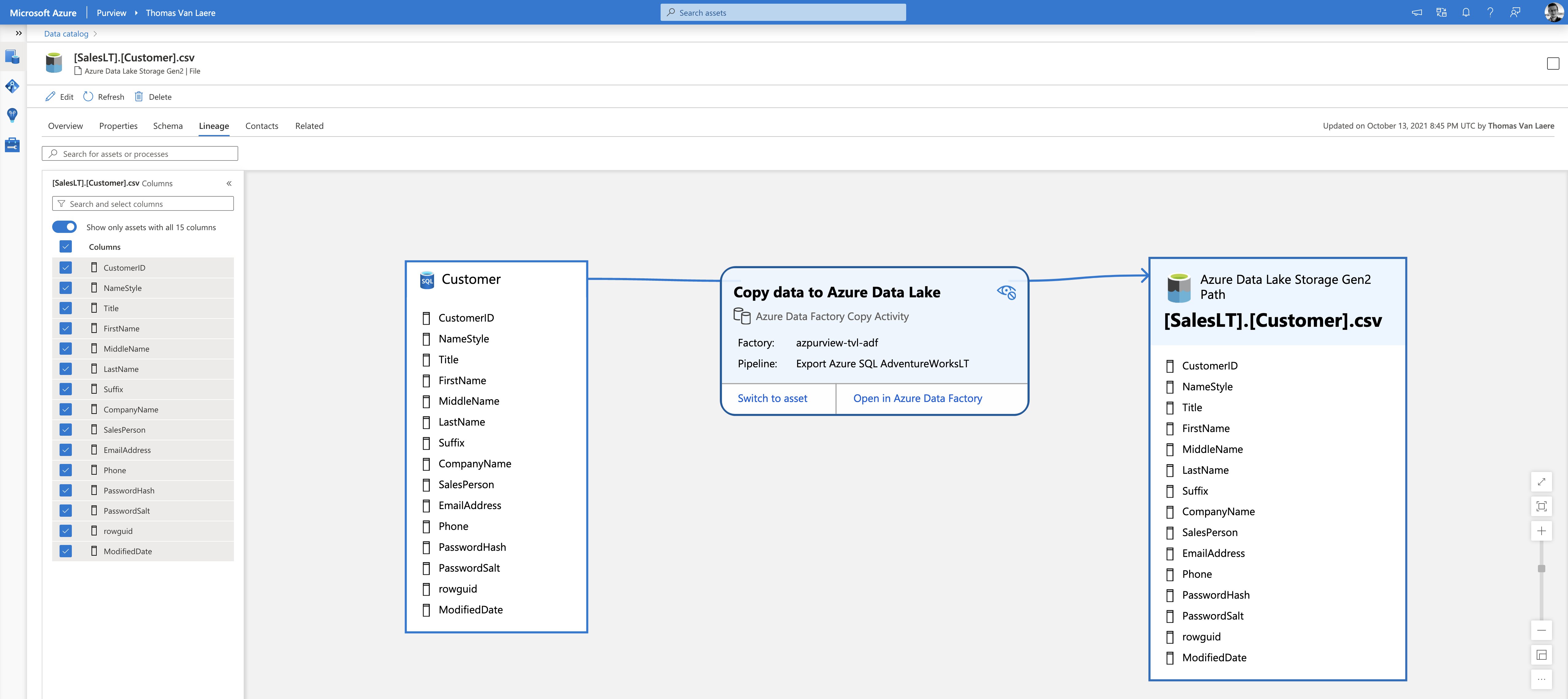 Image of the data lineage of a customer CSV file that is sitting in Azure Data Lake. The lineage graph shows that the CSV originated as an Azure SQL Database table called “Customer” and that it was then processed by Azure Data Factory copy activity.