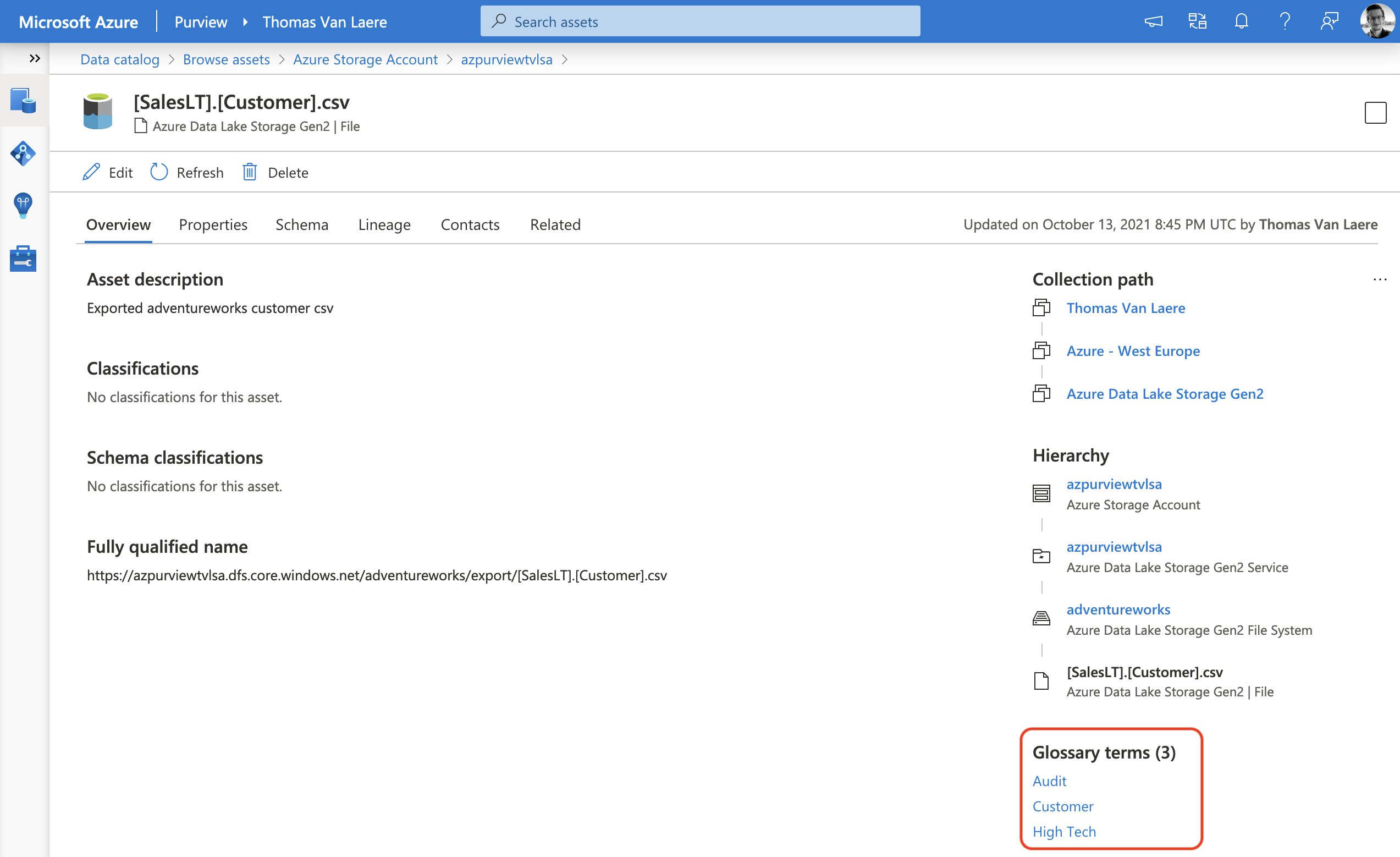 Image of glossary terms that were added to the Customers CSV, sitting in Azure Data Lake. Three terms were added: audit, customer and high tech.