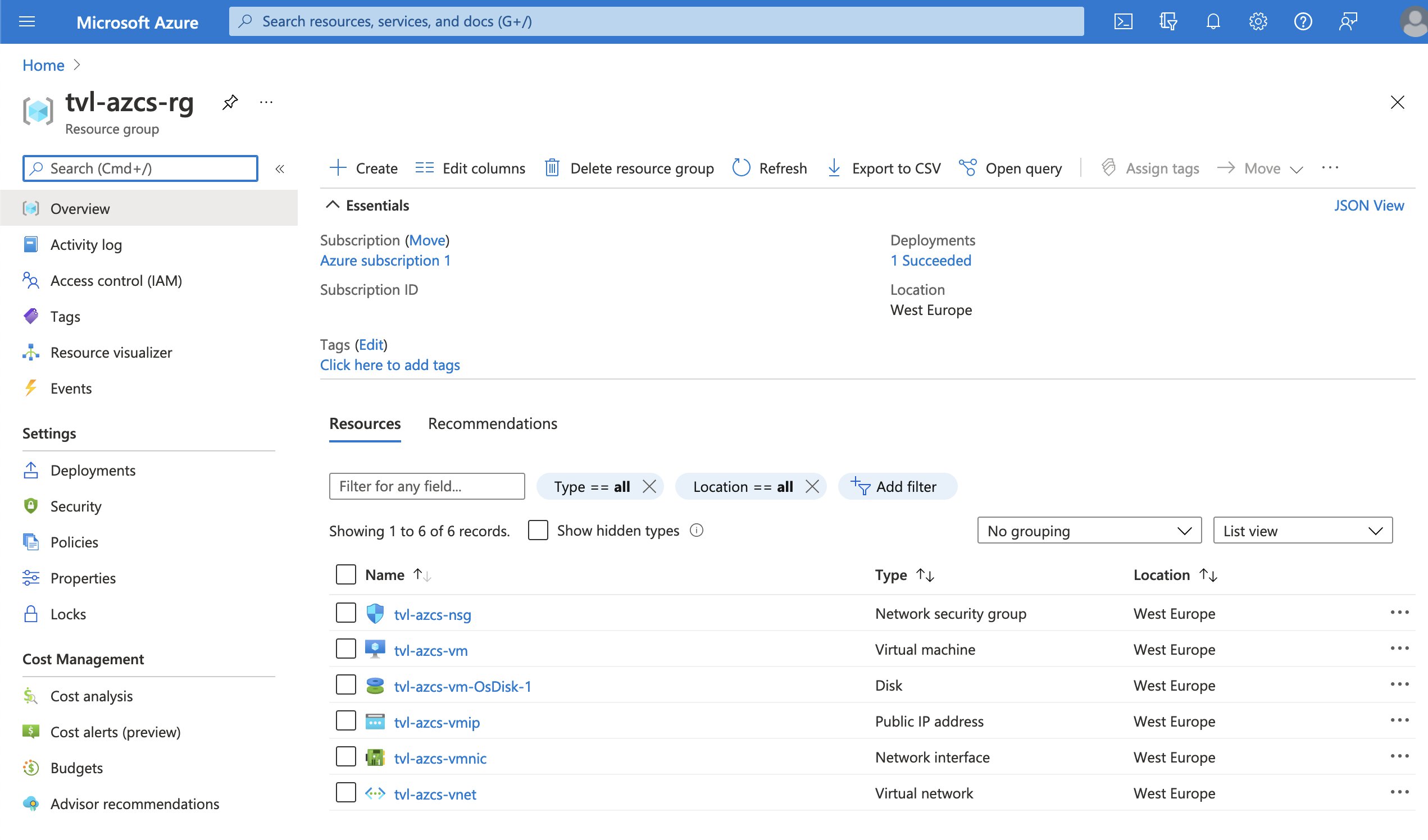 Image of the Azure Portal, showing a resource group with resources that were deployed using the starter ARM template.