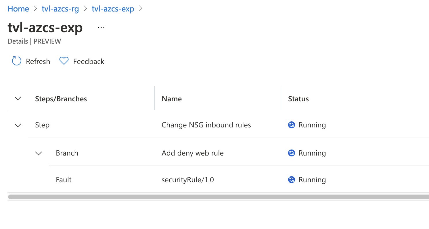 Image of the chaos experiment resource’s run details. It lists a single step called “change NSG inbound rules”, with a single branch “Add deny web rule” and a Fault action called “securityRule/1.0”. All three items are in the running state.