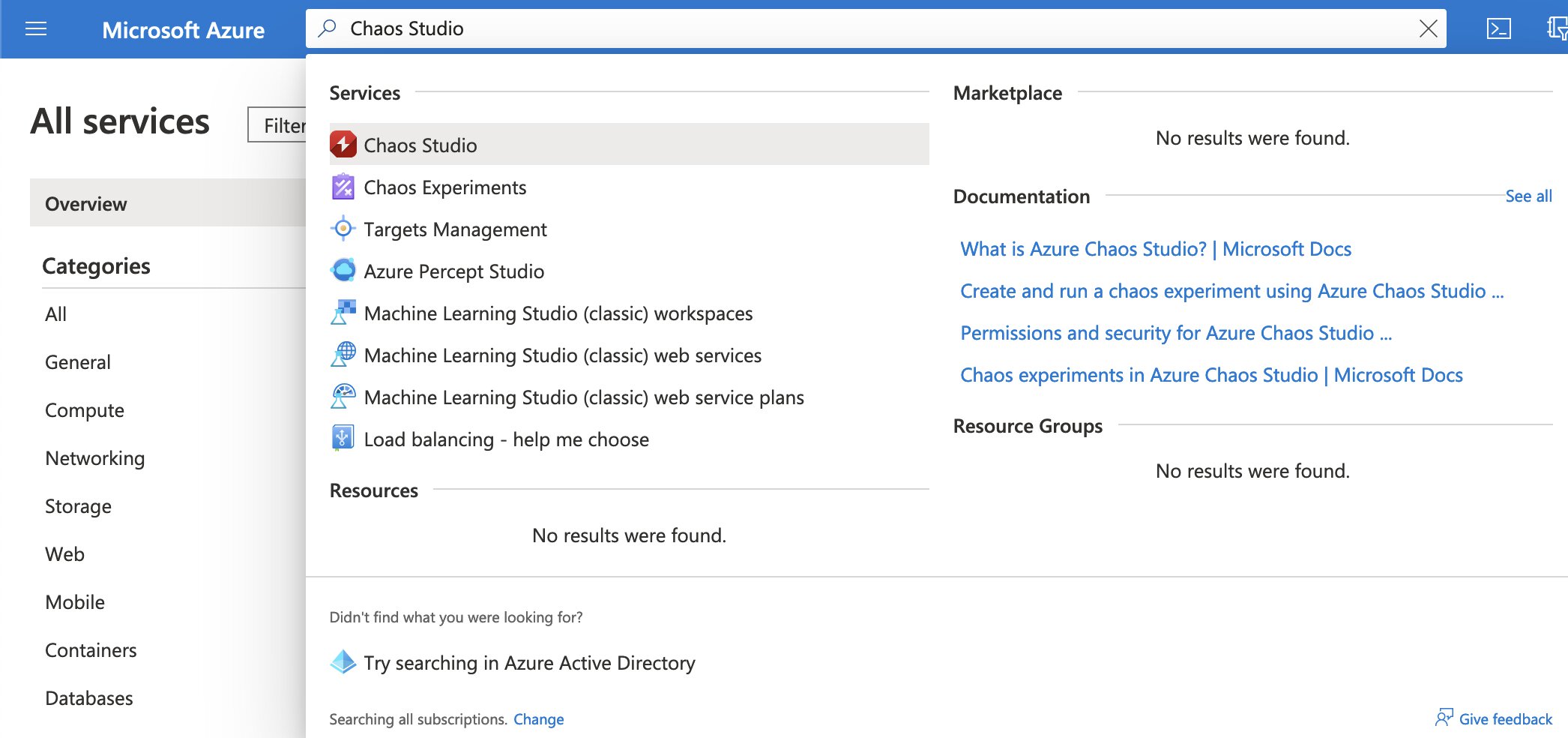 Image of the Azure Portal, we are entering the search terms &ldquo;Chaos Studio&rdquo; in the search bar on top of the portal interface.