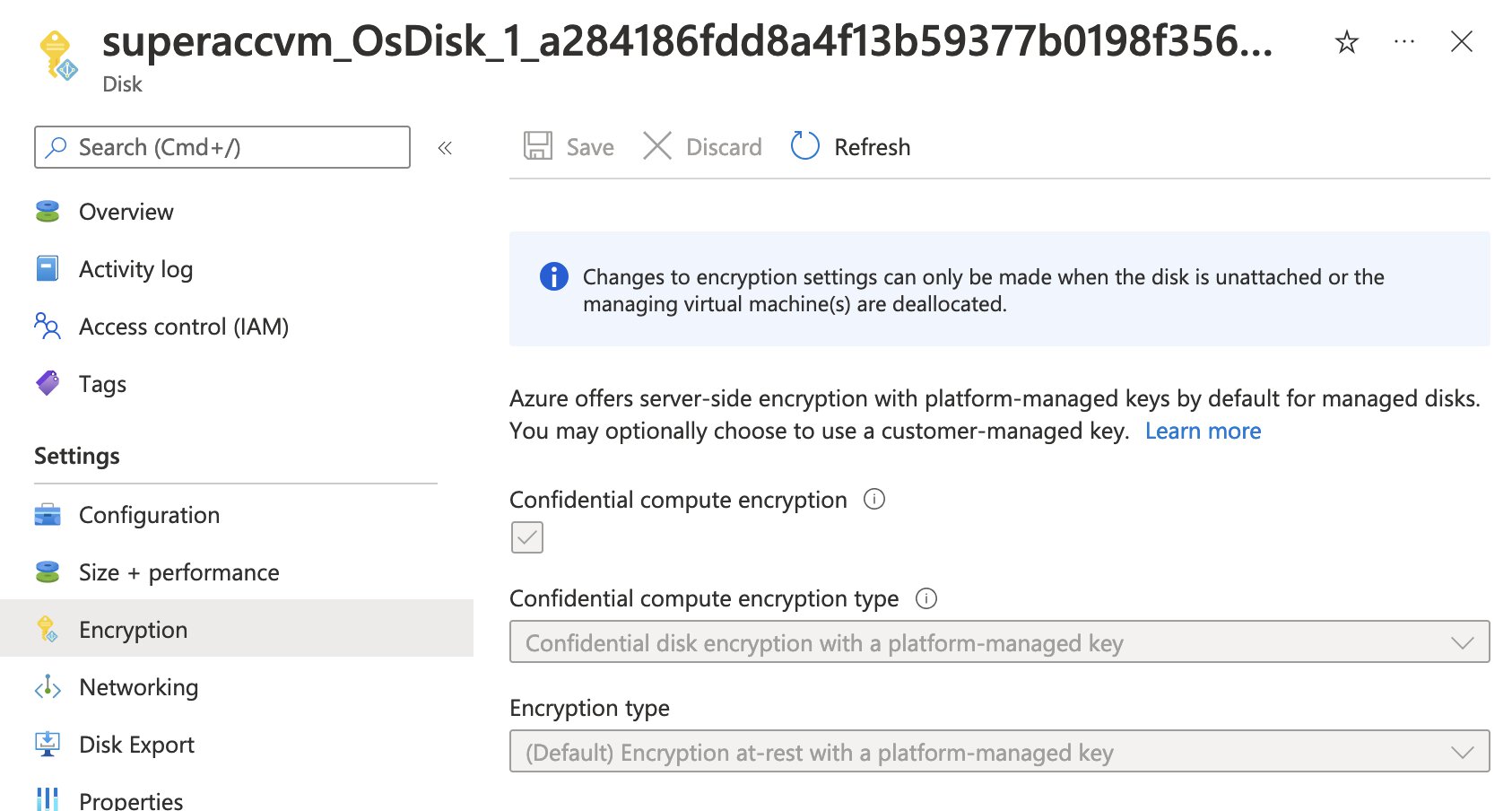 A screenshot of the disk’s blade, OS disk encryption. “Confidential compute encryption” has been enabled.” Confidential compute encryption type” has been set to “confidential disk encryption with a platform-managed key”. The “Encryption type”, used for encryption at rest, is set to use a platform-managed key which is also the default.