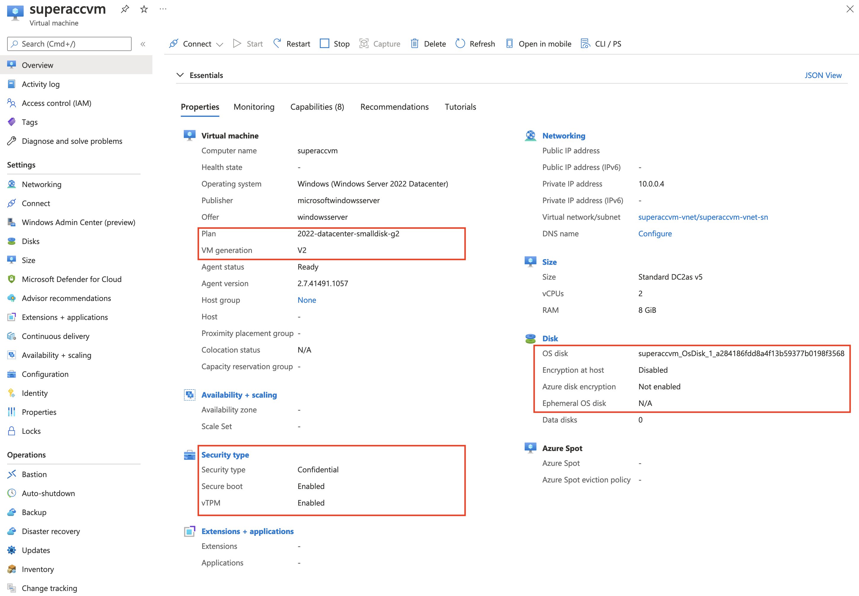 A screenshot of the Azure Portal. The virtual machine plan is set to ‘2022-datacenter-smalldisk-g2’ and the virtual machine generation is set to ‘V2’. The virtual machine its security type is set to ‘confidential’, and the secure boot and vTPM features are set to ’enabled’. The virtual machine OS disk has no encryption at the host level and the Azure Disk encryption is not enabled.