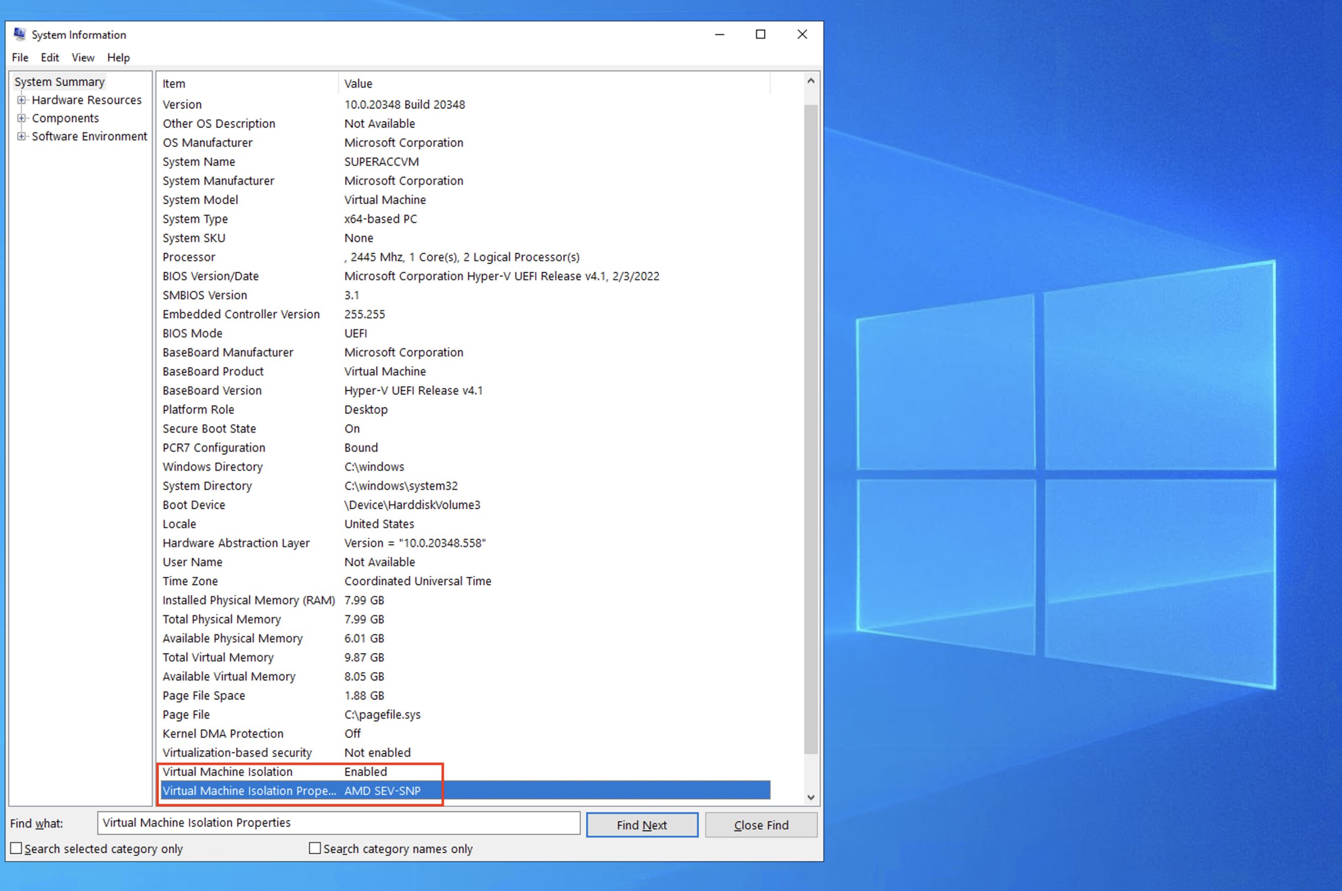 A screenshot of ‘msinfo32’, a.k.a. system information. The “Virtual Machine Isolation properties” key has a value set to ‘AMD SEV-SNP’. Virtual machine isolation is set to ’enabled’.