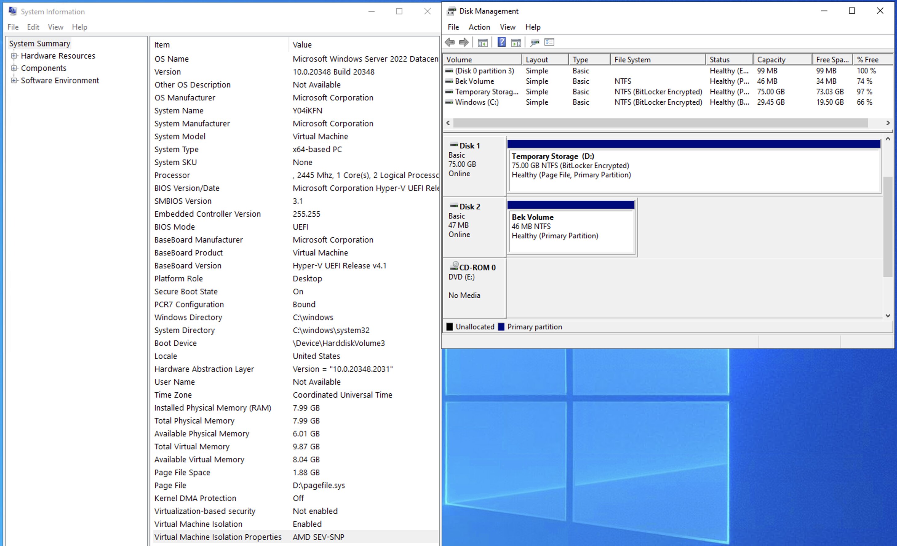 A screenshot of Windows Disk Management, which shows that the C-disk and the D-disk have been Bitlocker encrypted.