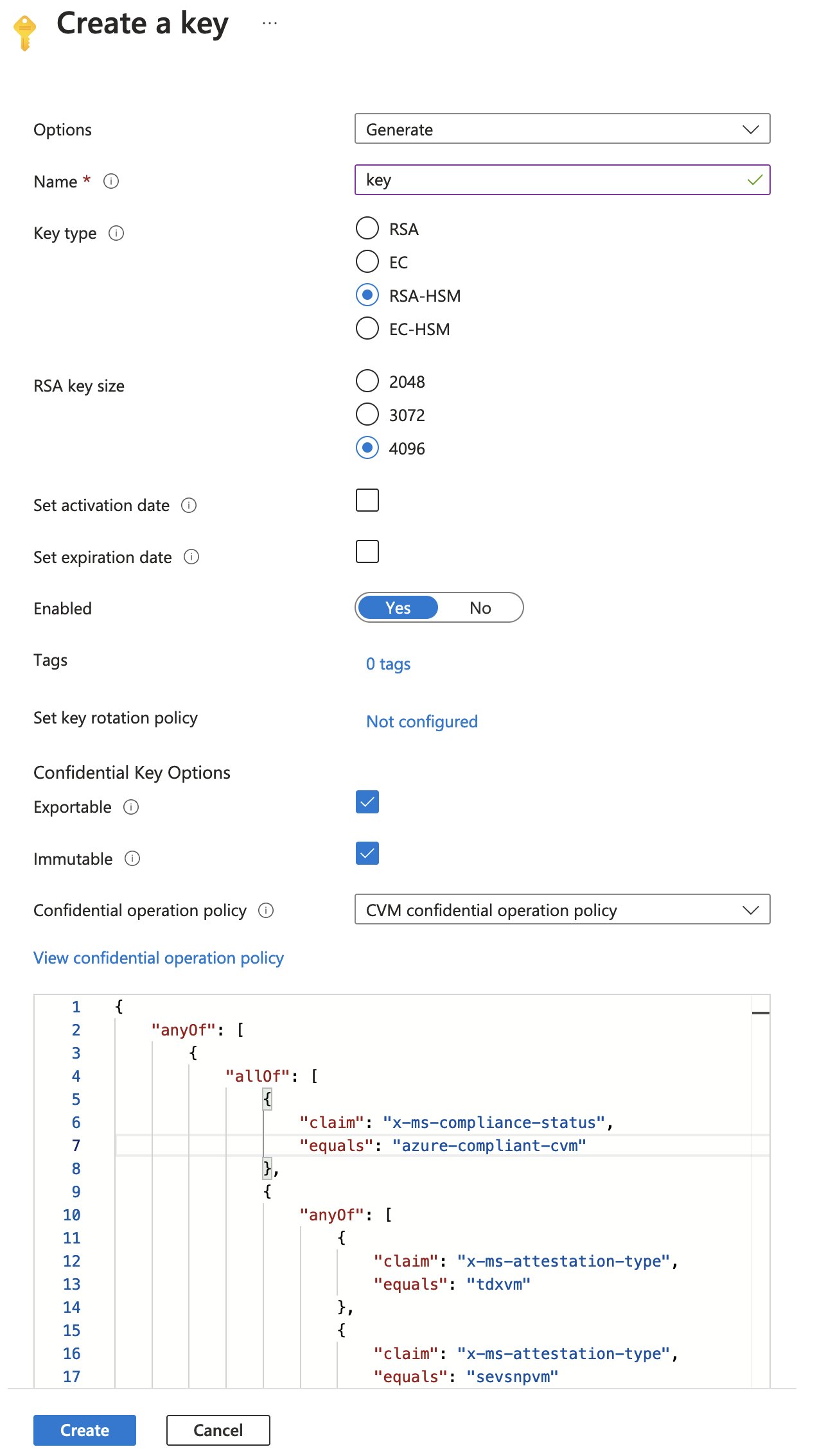 A screenshot of the Azure Portal User Interface, more specifically the key creation screen and the confidential operation policy.