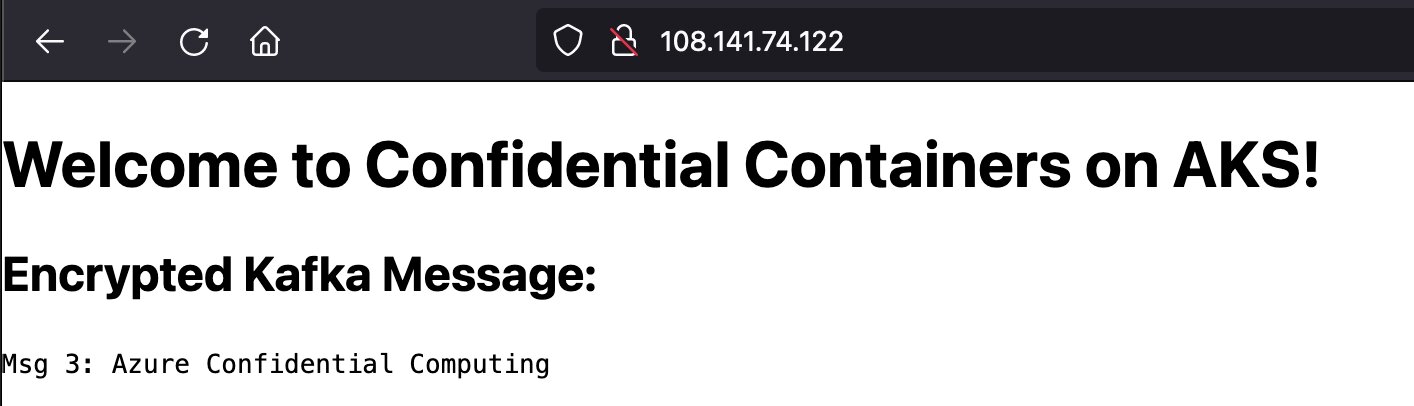 Screenshot of a web browser displaying the message: ‘Welcome to Confidential Containers on AKS! Encrypted Kafka Message: Msg 3: Azure Confidential Computing’