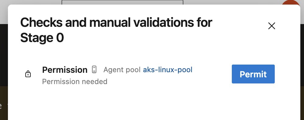 Screenshot of a prompt in the Azure DevOps web interface. There is a button to grant permission to run the pipeline on the agent pool called “aks-linux-pool”.