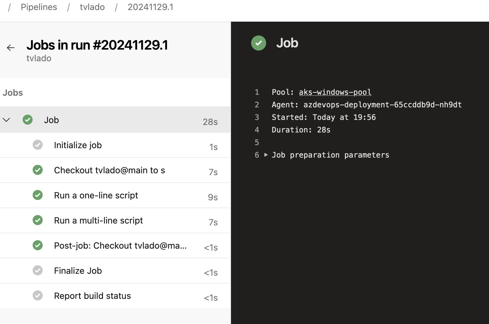 Screenshot of the Azure DevOps portal. The image shows a successfully executed Azure DevOps pipeline job, running for 28 seconds on an aks-windows-pool agent. The job included steps like initializing, checking out the repository, running scripts, and finalizing the job. All steps completed successfully, and the job was reported as finished in the Azure DevOps portal.